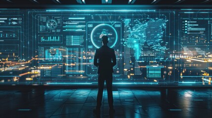 Silhouette of a figure interacting with futuristic digital interface showcasing global data an