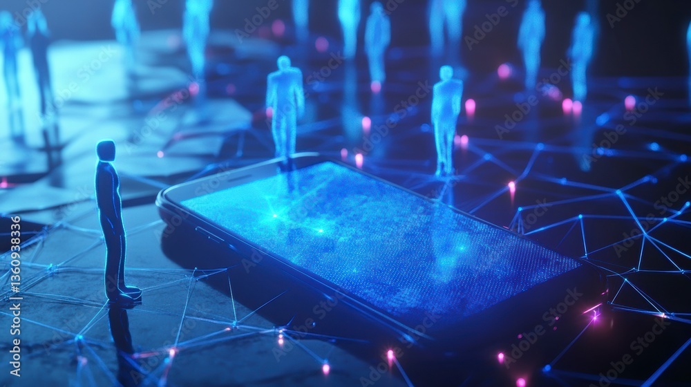 Aufkleber Digital network connection concept, glowing figures on smartphone screen.