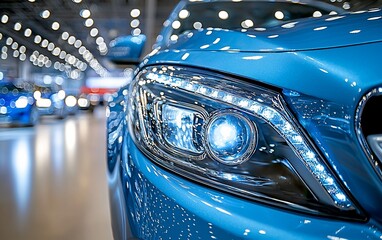 Blue car headlight in exhibition hall