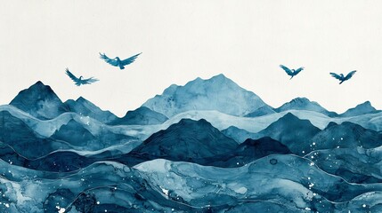 Fototapeta premium Electric blue quill drawing monochrome mountain range creation mythology