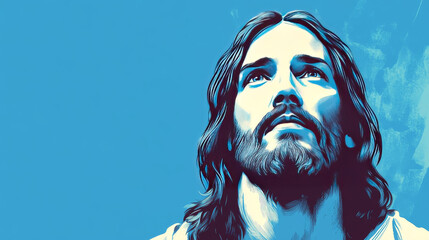 artistic representation of serene figure with long hair and beard, gazing upwards against vibrant blue background, evoking sense of peace and contemplation