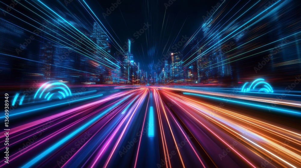 Poster futuristic city nightscape with vibrant light trails and digital interface elements.