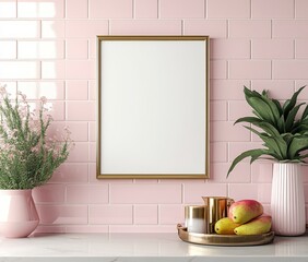 Pink Kitchen Mockup with Gold Frame and Plants