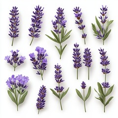 Naklejka premium Purple Lavender Flowers Botanical Illustration Set White Background