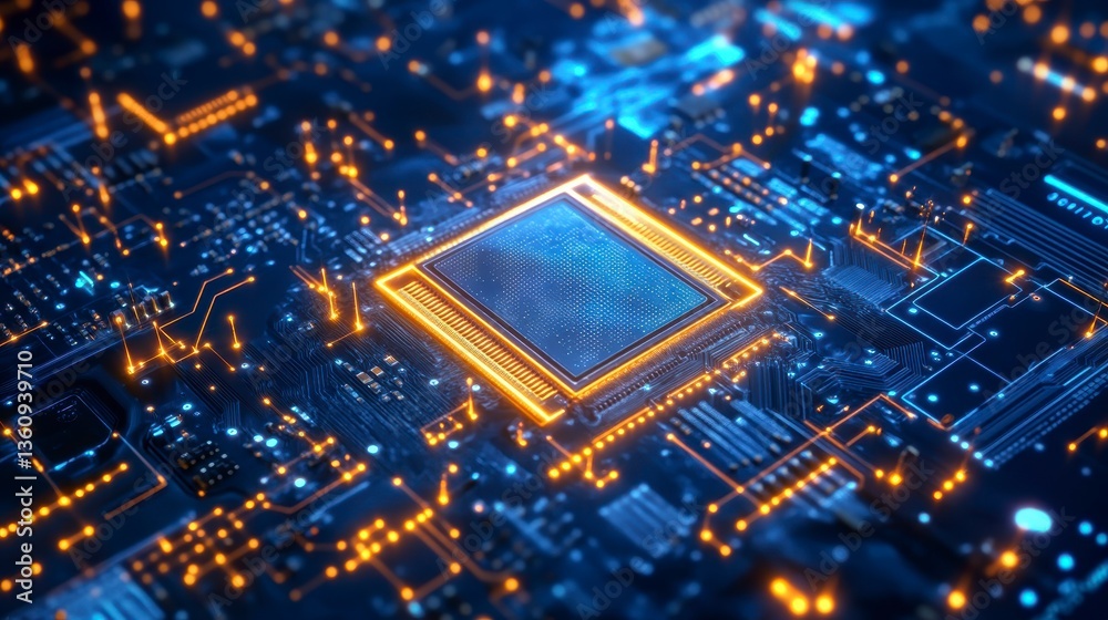 Aufkleber close-up of a central processing unit (cpu) on a circuit board, glowing orange and blue.