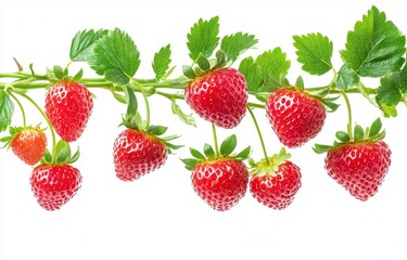 Ripe Red Strawberries on Vine with Green Leaves on White Background