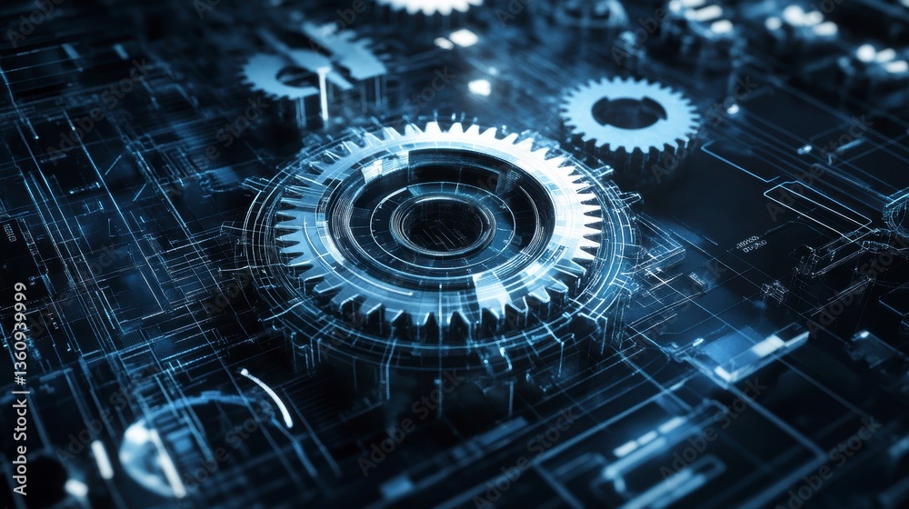 Poster Close-up of intricate metallic gears and digital circuit board, representing complex mechanics and technology.