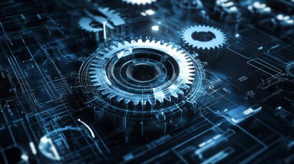 Close-up of intricate metallic gears and digital circuit board, representing complex mechanics and technology.