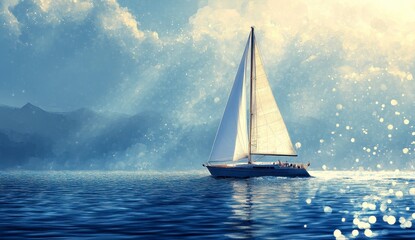 White Sailboat on Calm Blue Ocean Under a Cloudy Sky