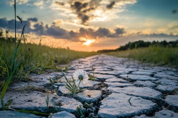 Naklejka premium Daisy Growing on Cracked Ground at Sunset Symbolizing Resilience and Hope