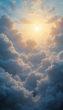 Flying Above Clouds with Sunlight Peeking Through a Heavenly Sky