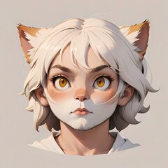 Obraz premium Young female character with white hair, cat ears and striking amber eyes in anime style portrait against neutral background.