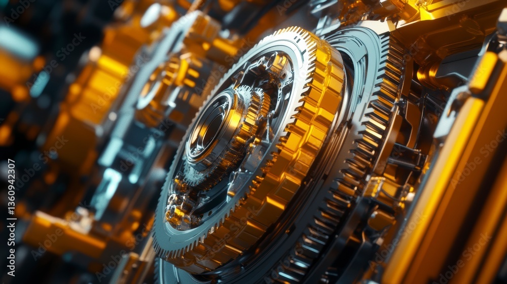 Poster close-up of intricate gold and silver gears in complex machinery.