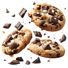 Flying Chocolate Chip Cookies with Floating Chocolate Isolated on Transparent Background