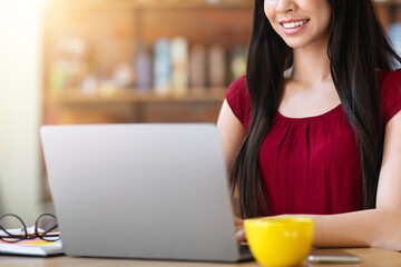 Job Search Websites. Young Asian Woman Using Laptop In Cafe, Checking Vacancies In Internet, Uploading Her Cv, Typing On Computer Keyboard, Working Online, Sitting At Table In Cafeteria, Copy Space