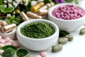Green matcha tea powder and herbal supplement pills in white ceramic bowls with fresh mint leaves, natural vitamins and minerals for healthy lifestyle.