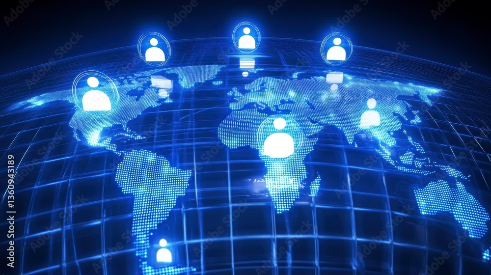 Poster Global network connection, digital world map with glowing user icons.
