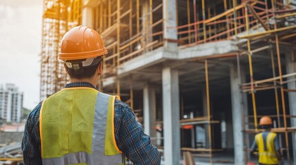 Construction Worker Overseeing Building Project at Construction Site