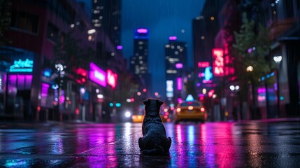 Fototapeta premium Lonely dog sitting on a rain-slicked city street at night, neon lights reflecting in puddles.