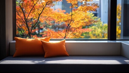Autumn window seat with orange pillows, city view