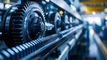 Fototapeta premium Close-up of industrial gears and rack system in a factory setting.