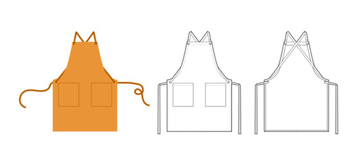 Set of Aprons Cross-Back straps technical fashion illustration. Chef uniform for cooking ochre cartoon and Flat sketch outline apparel template front, back view. Women, men unisex CAD mockup isolated