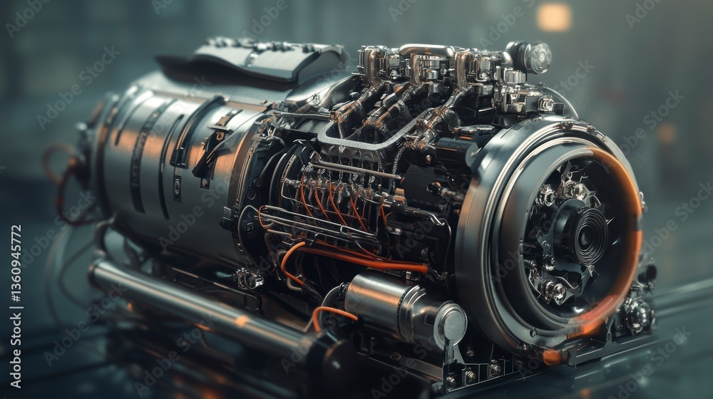 Poster close-up of a powerful, intricate, metallic engine with visible internal components and glowing exha