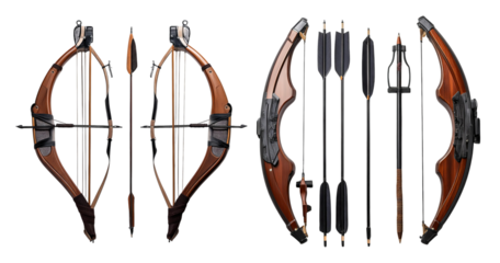 Realistic Crossbow Design with Accessories and Arrows for Hunting, PNG bundle collection, Isolated on Transparent Background