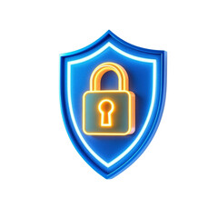 A glowing golden padlock secured within a vibrant blue shield symbolizing ultimate data protection with a 3D neon effect.