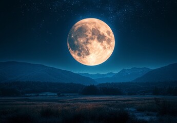 Naklejka premium Full Moon over Dark Mountains at Night