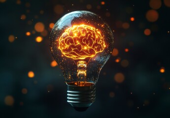 Glowing Brain Inside a Light Bulb on Dark Background