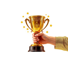A triumphant hand raises a gleaming golden trophy, celebrating victory and achievement against a...