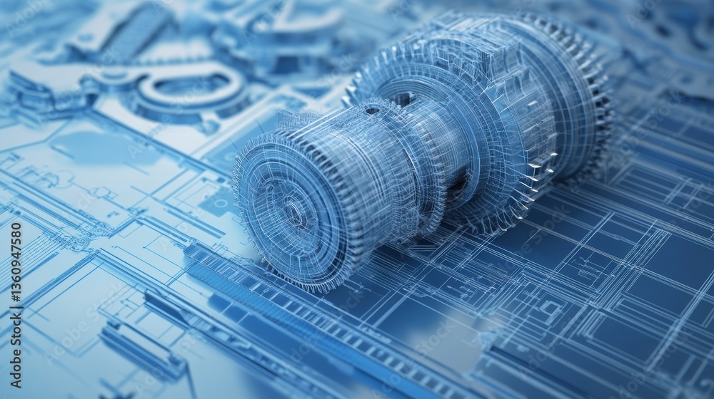 Leinwandbilder close-up of a translucent 3d model of a complex machine part, resembling a turbine engine, resting o