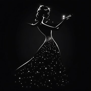 Elegant woman, starlight gown, dark background, magical spark, design