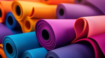 Colorful rolled yoga mats in vibrant hues.