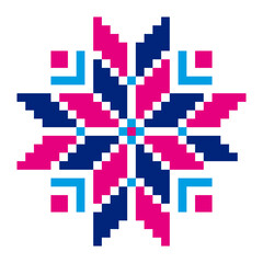 Obraz premium Pixel floral ornament. Traditional embroidery pattern. Geometric decorative motif. Blue and pink design.