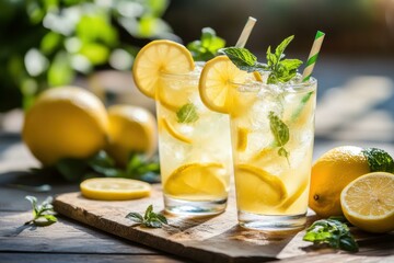 Refreshing homemade lemonade with fresh lemons and mint on a wooden table in bright sunlight