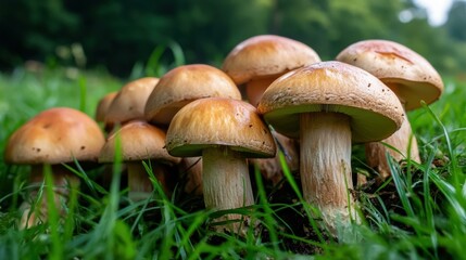 Fototapeta premium Group of brown cap mushrooms growing in green grass on woodland floor in autumn