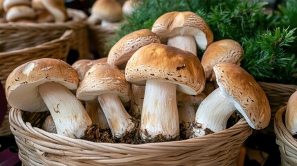 Rustic Still Life of Fresh Mushrooms in Wicker Baskets with Evergreen Sprigs at a Farmers Market Display