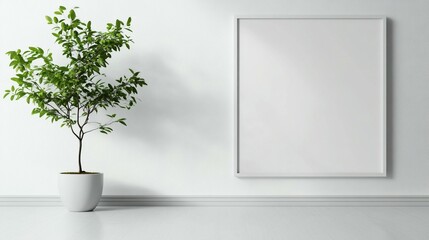 Minimalist interior with potted plant and blank frame on white wall.