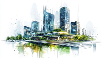 Modern Green City Skyline Watercolor Illustration