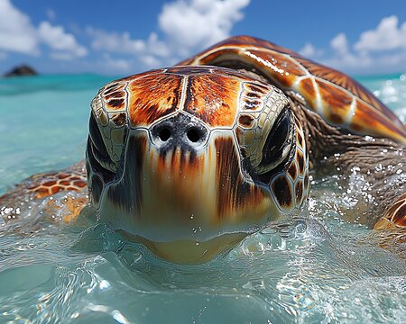A close up shot of a beautiful sea turtle surfacing