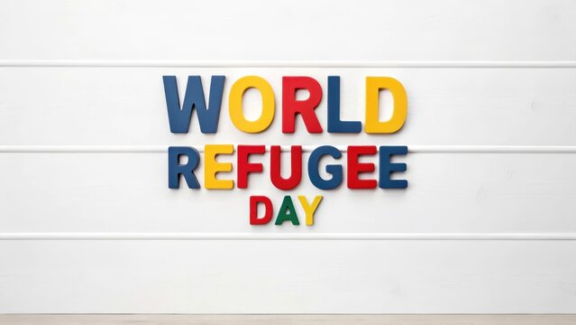 World Refugee Day colorful typography on a white wooden background - Powered by Adobe
