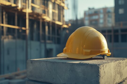 Yellow hard hat on concrete blocks at construction site - safety gear for builders and industrial workers