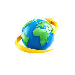 Our spinning globe symbolizes global connection, a vibrant journey of worldwide interaction and collaboration, encircled by a dynamic yellow arrow.