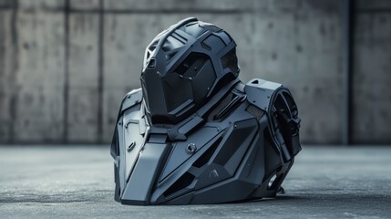 Futuristic black armor torso and helmet on dark ground.