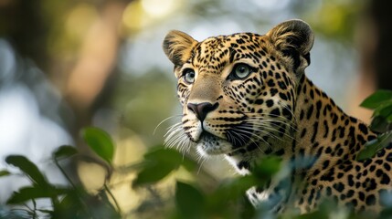 Obraz premium Leopard portrait amidst lush greenery, showcasing its mesmerizing gaze and wild beauty
