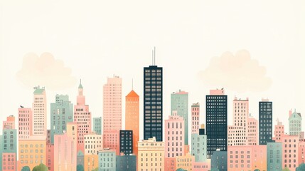 Pastel Cityscape Illustration Soft Colors and Modern Buildings Skyline