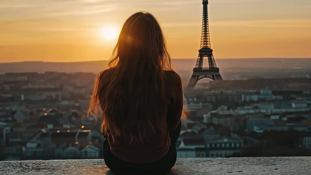 woman sitting on a rooftop watchin the Eiffel Tower at sunset