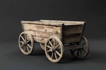 A rustic wooden cart stands displayed against a dark background